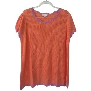Belle Kim Gravel Born to Bloom Crochet Scallop Sweater Coral Pink Open Knit XL